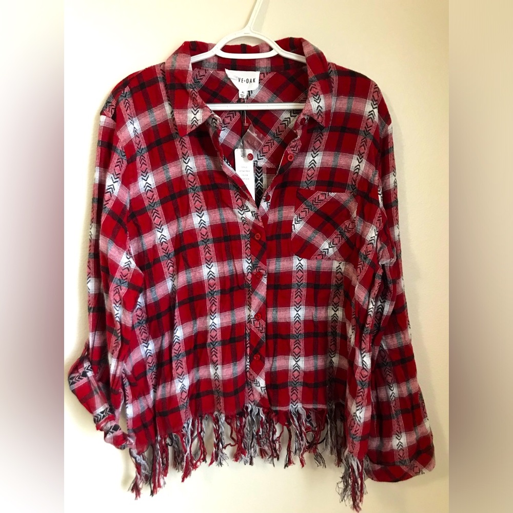 NWT Olive+Oak Women’s Boho Flannel & Plaid Fringe Button Down Cotton Top - Picture 5 of 15